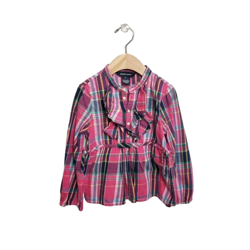 Ralph Lauren Size 5 Girls Pink Plaid Ruffle Bow Half Placket Button Top